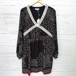 NEW Entro Women's Black Print Dress Boho Peasant Lightweight Long Sleeves Small